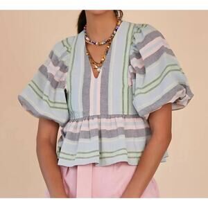 Hunter Bell New York Pink Green Blue Stripe Puff Sleeve Blouse Women size Small